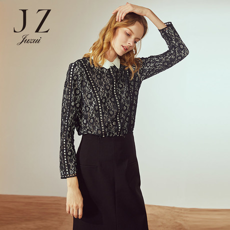 JUZUI/玖姿旗舰店女装2018新款娃娃领蕾丝镂空假两件套头上衣商品大图