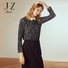 JUZUI/玖姿旗舰店女装2018新款娃娃领蕾丝镂空假两件套头上衣图片