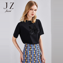 JUZUI/玖姿旗舰店2018夏装新款休闲黑色亮片T恤女显瘦上衣图片