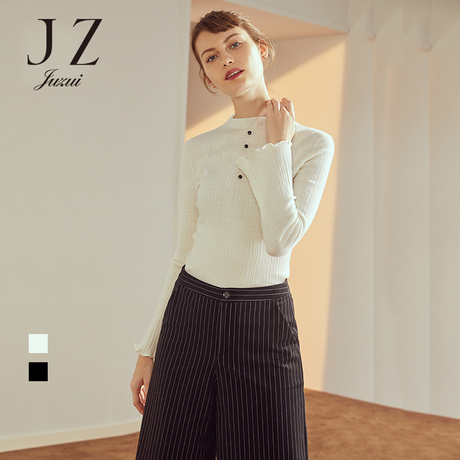 JUZUI/玖姿旗舰店2018秋装新款钉珠喇叭袖薄款打底毛衣女套头商品大图