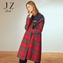 JUZUI/玖姿女装2018冬装系带花呢子格纹针织中长款羊毛大衣过膝图片