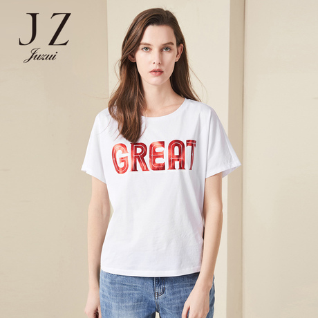 JUZUI/玖姿2018夏装新款休闲印花T恤女 短袖圆领打底女装上衣商品大图