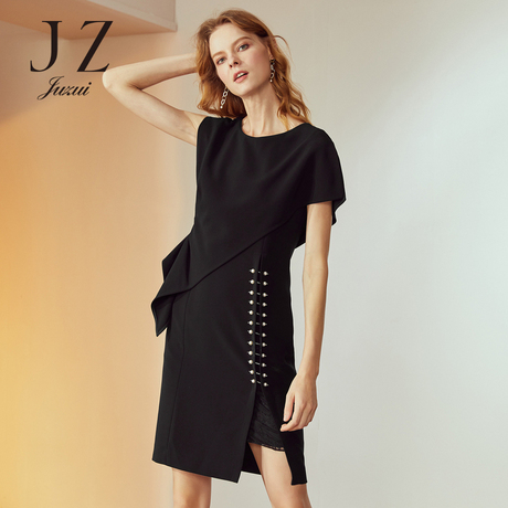 JUZUI/玖姿旗舰店2018秋季新款无袖钉珠收腰显瘦开叉连衣裙女商品大图
