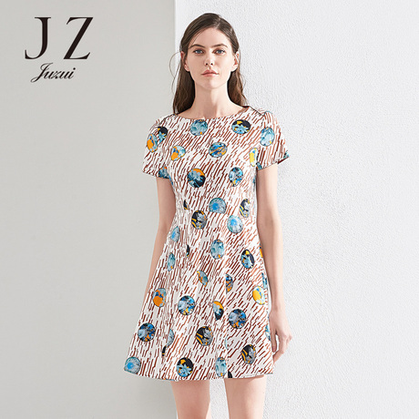 JUZUI/玖姿品牌女装2018夏装新款短袖圆领印花时尚中长款连衣裙女商品大图