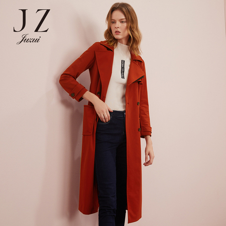 JUZUI/玖姿旗舰店2018秋装新款撞色缝线中长款风衣外套腰带款商品大图