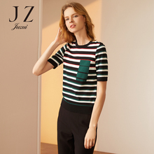 JUZUI/玖姿旗舰店2018秋装新款撞色条纹上衣女直筒短袖针织衫图片