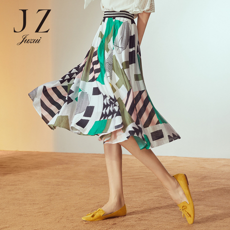JUZUI/玖姿旗舰店2018夏装新款亮丝几何撞色印花长裙半身裙女商品大图