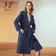 JUZUI/玖姿女装2018冬装新款羊毛混纺双面呢连帽长大衣女腰带款图片