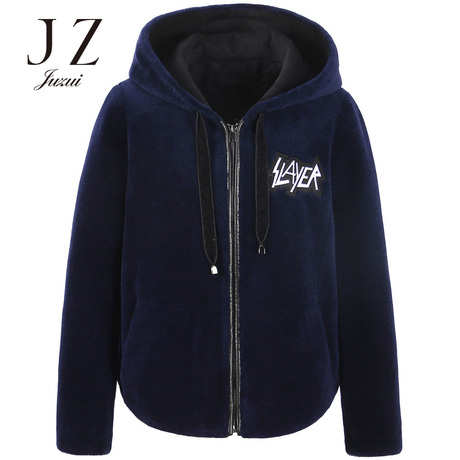 JUZUI/玖姿2018冬装连帽拉链拼接羊剪绒毛呢外套女短款商品大图