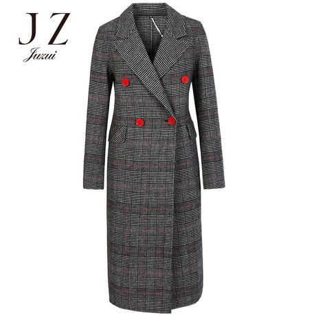 JUZUI/玖姿旗舰店2018冬装休闲细格纹羊毛双面呢中长款大衣女商品大图