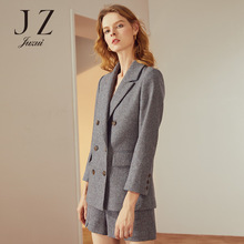 JUZUI/玖姿旗舰店2018冬装复古羊毛双排扣细格纹西装外套女图片