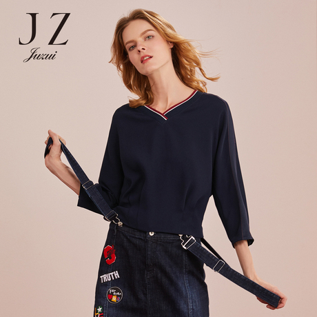 JUZUI/玖姿旗舰店2018秋装新款V领套头显瘦时尚针织女潮上衣商品大图