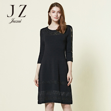 JUZUI/玖姿2018春装新款纯色修身中袖毛衫连衣裙女圆领针织女裙图片