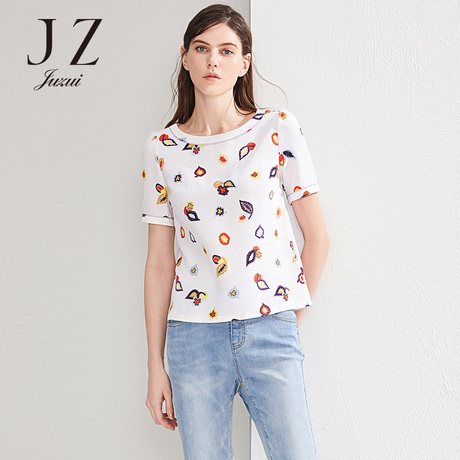 JUZUI/玖姿品牌圆领个性印花短袖上衣女2018夏装新款T恤女韩版商品大图