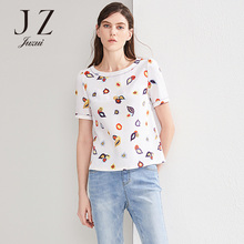 JUZUI/玖姿品牌圆领个性印花短袖上衣女2018夏装新款T恤女韩版图片