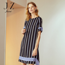 JUZUI/玖姿旗舰店秋季新款圆领做旧复古竖条纹中长款连衣裙女图片