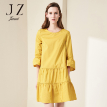 JUZUI/玖姿连衣裙2018新款纯色休闲中长连衣裙女春装喇叭袖a字裙图片
