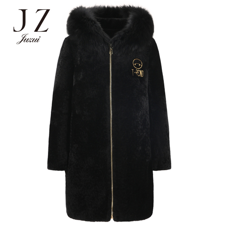 预售 JUZUI/玖姿2018冬装新款狐狸毛领侧面绑带羊剪绒中长款皮草商品大图
