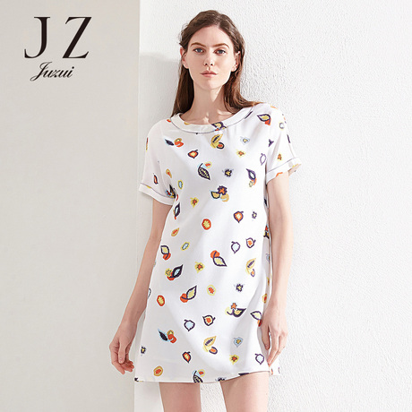 JUZUI/玖姿品牌休闲圆领印花短袖连衣裙女2018夏新款中长款裙子商品大图