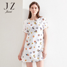 JUZUI/玖姿品牌休闲圆领印花短袖连衣裙女2018夏新款中长款裙子图片