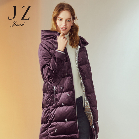 JUZUI/玖姿旗舰店2018冬装新款绣花丝绒连帽中长款羽绒服女商品大图