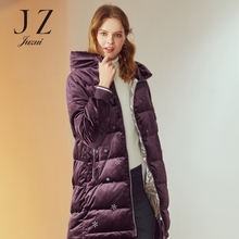 JUZUI/玖姿旗舰店2018冬装新款绣花丝绒连帽中长款羽绒服女图片