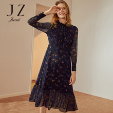 JUZUI/玖姿旗舰店2018秋新款透视系带碎花压褶木耳边连衣裙女图片