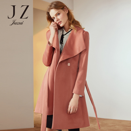 JUZUI/玖姿旗舰店2018冬装大翻领羊毛呢子大衣收腰显瘦腰带款商品大图