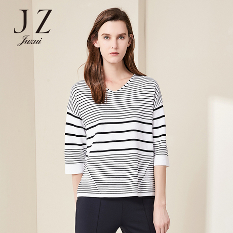 JUZUI/玖姿2018春新款条纹弹力v领中袖毛衫女韩版毛针织衫女商品大图