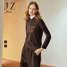JUZUI/玖姿旗舰店2018冬装新款灯芯绒字母绣花套头连帽卫衣女图片