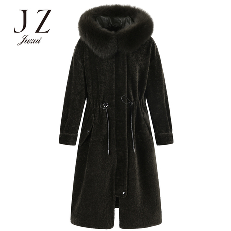JUZUI/玖姿2018冬装新款狐狸毛领连帽皮草中长款女大衣商品大图