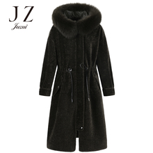 JUZUI/玖姿2018冬装新款狐狸毛领连帽皮草中长款女大衣图片