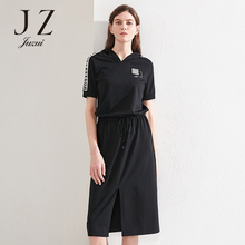 JUZUI/玖姿2018夏装新款运动时尚韩版修身短袖连帽中长款连衣裙女图片