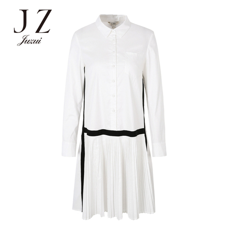 JUZUI/玖姿旗舰店2018秋新款侧条纹中长款口袋衬衫百褶连衣裙商品大图