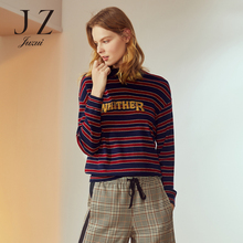 JUZUI/玖姿旗舰店2018冬装新款羊毛木耳领条纹薄毛衣女毛衫图片