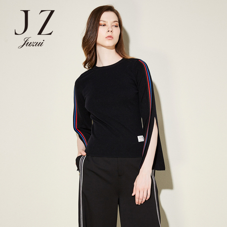 JUZUI/玖姿新款2017女长袖修身圆领纯色毛衫套头针织衫女商品大图