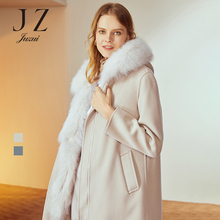JUZUI/玖姿女装2018冬装充绒内胆可拆卸狐狸大毛领呢子大衣女外套图片