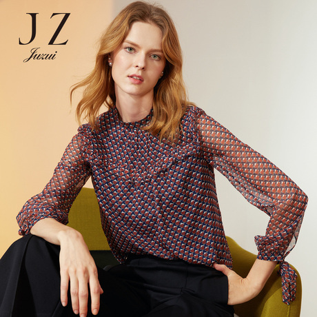 JUZUI/玖姿旗舰店2018秋新款荷叶边前短后长系带长袖雪纺上衣商品大图