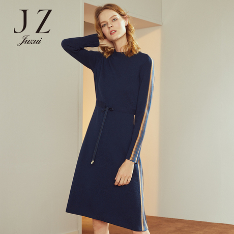 JUZUI/玖姿旗舰店2018冬装长袖抽绳收腰针织拼接中长连衣裙女商品大图
