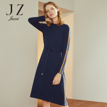 JUZUI/玖姿旗舰店2018冬装长袖抽绳收腰针织拼接中长连衣裙女图片