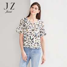 JUZUI/玖姿蝴蝶印花气质碎花短袖上衣女夏2018新款针织小衫女图片