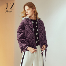 JUZUI/玖姿女装2018冬装新款丝绒银色连帽丝绒菱形格羽绒服女短款图片