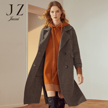 JUZUI/玖姿品牌女装2018冬装新款西装领细格纹羊毛毛呢大衣女过膝图片