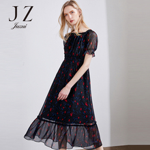 JUZUI/玖姿旗舰店2018夏季仙气雪纺印花一字领露肩连衣裙收腰图片
