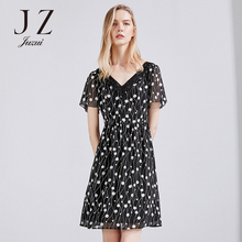 JUZUI/玖姿旗舰店2018夏装新款蕾丝V领雪纺印花连衣裙显瘦图片