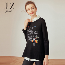 JUZUI/玖姿2018春装新款长袖上衣字母刺绣圆领宽松毛衣女图片