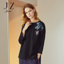 JUZUI/玖姿旗舰店2018秋装黑色针织绣花休闲套头上衣女卫衣图片