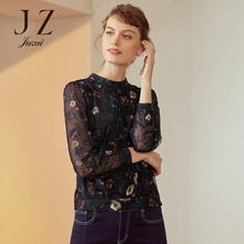 JUZUI/玖姿旗舰店2018秋装蕾丝透视网纱时尚碎花小衫T恤上衣图片