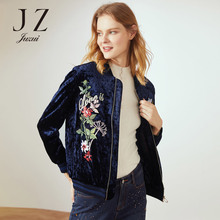 JUZUI/玖姿旗舰店2018冬装新款拉链丝绒绣花刺绣棒球服女外套图片