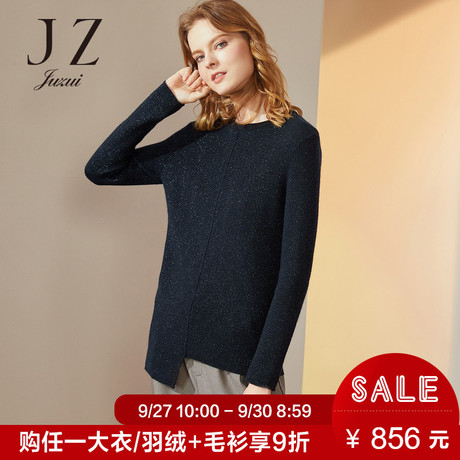 JUZUI/玖姿店2018冬装圆领亮丝混纺不规则下摆女针织衫女毛衣商品大图